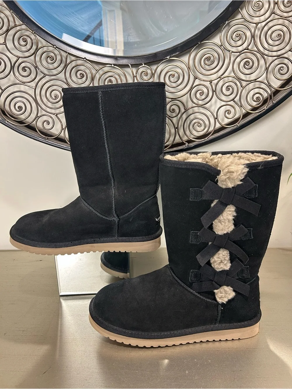 Koolaburra Black Suede Mid-Calf Boots with Cream Fur Trim and Side Bows